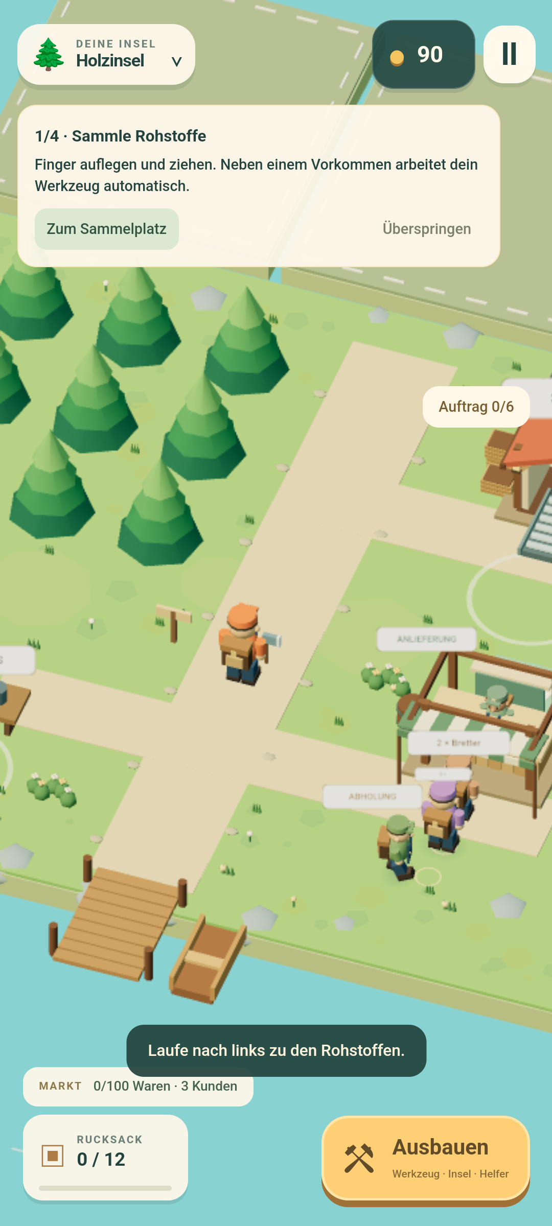 Pocket Isles: Spielfigur auf der Holzinsel zwischen Bäumen, Sägewerk und Markt